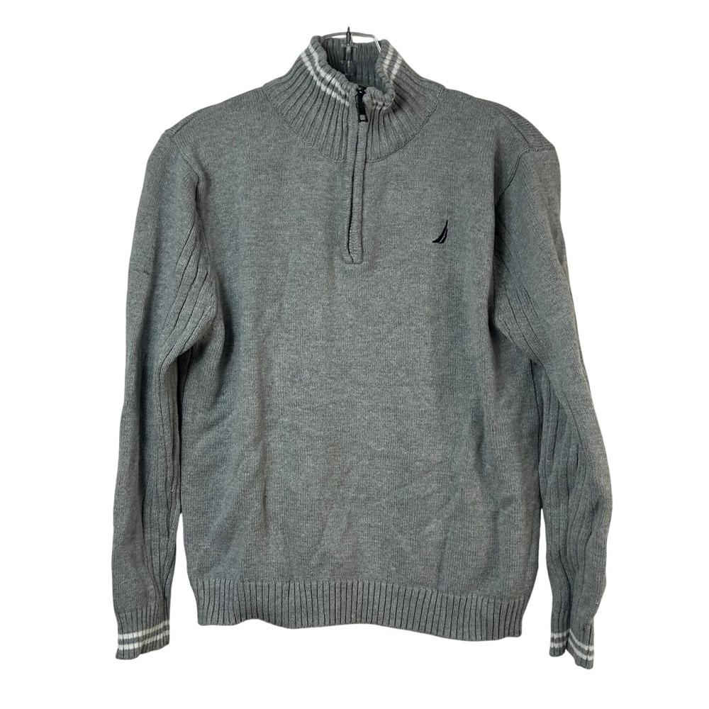 Nautica Boys Gray Quarter Zip Sweater Size L 14/16 Cotton Striped Trim Logo